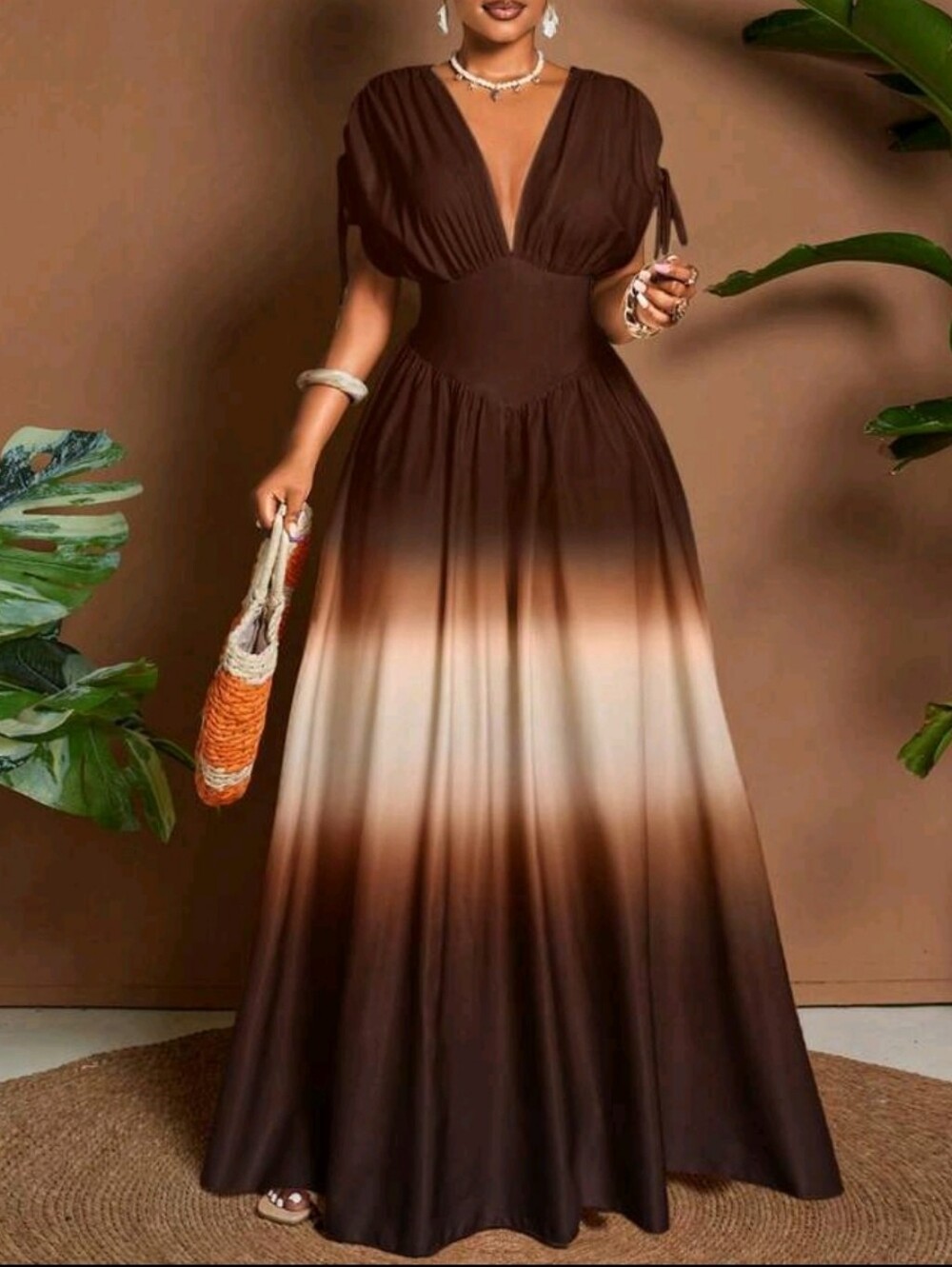 Coffee Ombre V-Neck Women’s Maxi Dress - Picture 3 of 7